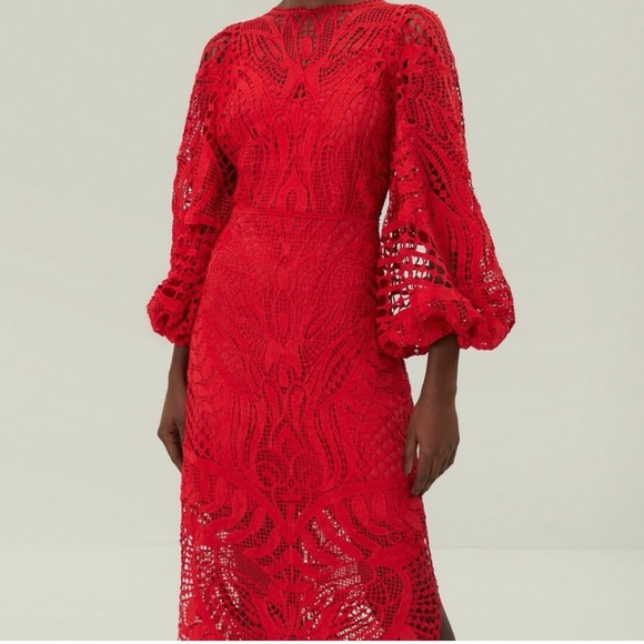 FARM Rio Vibrant Red Lace Long Sleeve Dress - Picture 1 of 3
